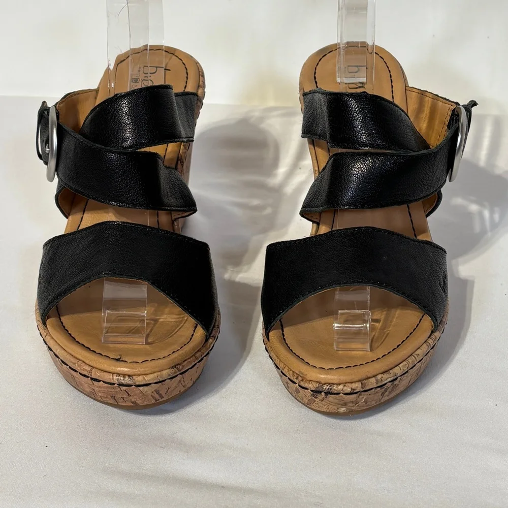 b.o.c. Black Tan Wedge Sandals Adjustable Straps Leather Women’s Size 9 Strappy